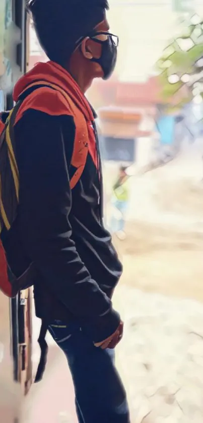 Young man with backpack and mask in urban setting.