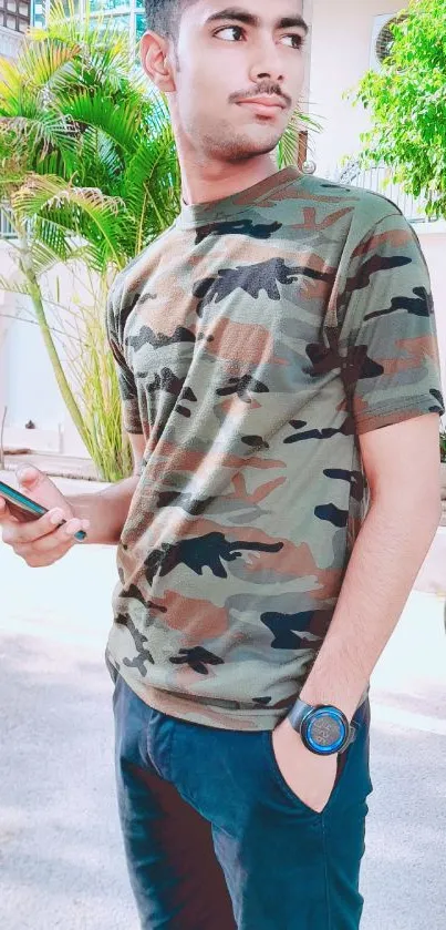 Young man in camouflage shirt with greenery background.