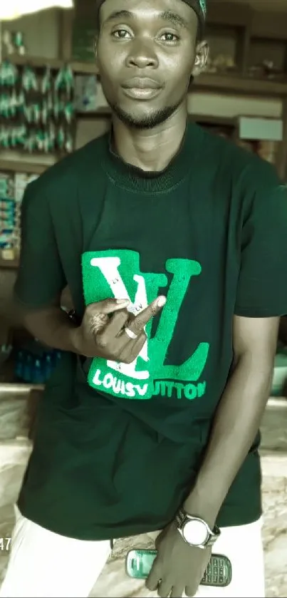 Stylish young man in a casual shop setting.