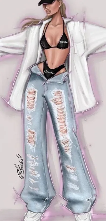 Illustrated woman in stylish urban outfit with ripped jeans and cap.