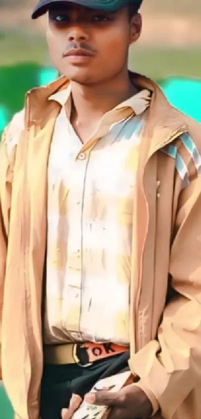 Young adult in beige jacket with a vibrant green background.