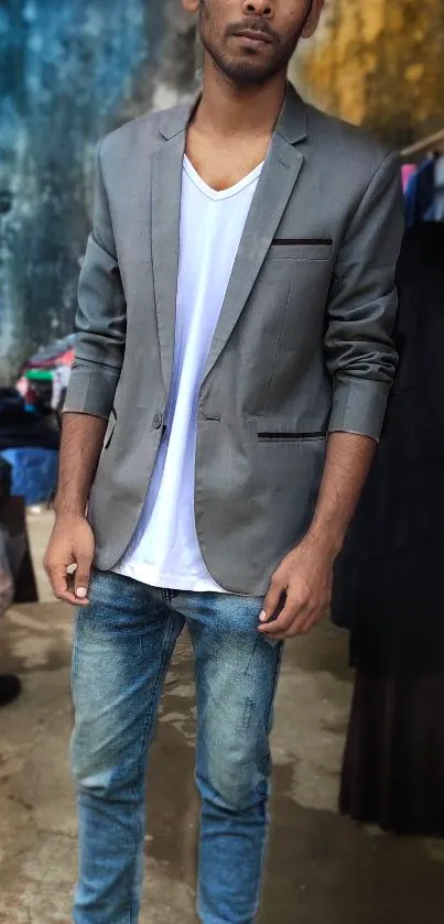 Casual urban fashion with blazer and jeans, showcasing a stylish modern look.