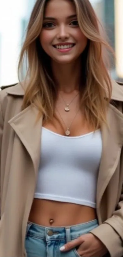 Stylish portrait of a woman wearing fashionable urban attire in a city setting.