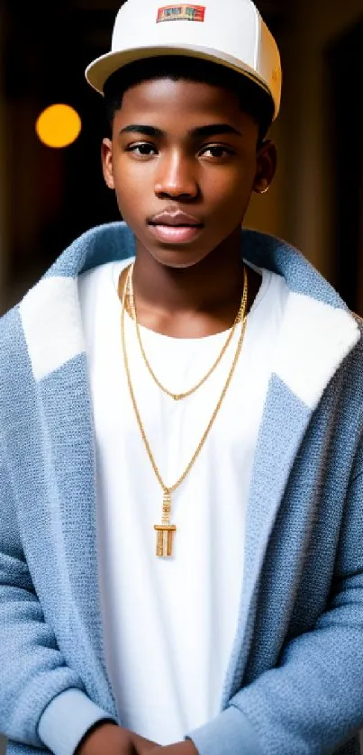 Stylish young man in blue jacket and gold accessories in urban setting.