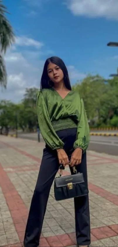 Woman in a green blouse standing confidently on a city street, showcasing modern fashion.