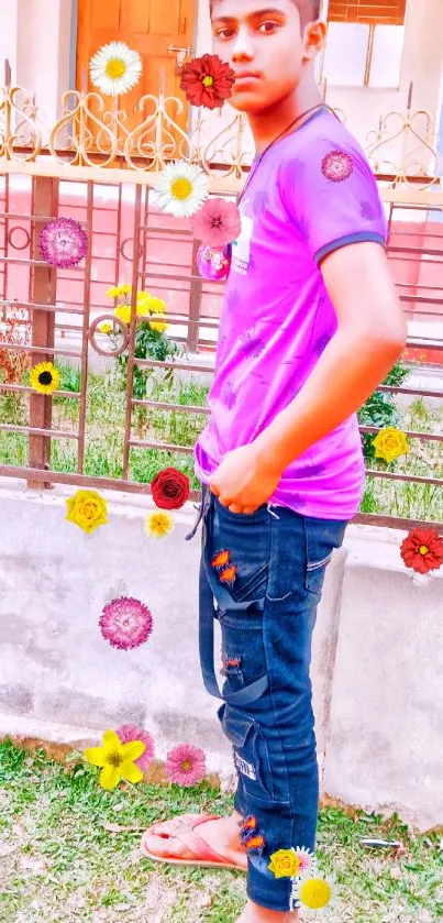 Young man in vibrant attire with urban backdrop.