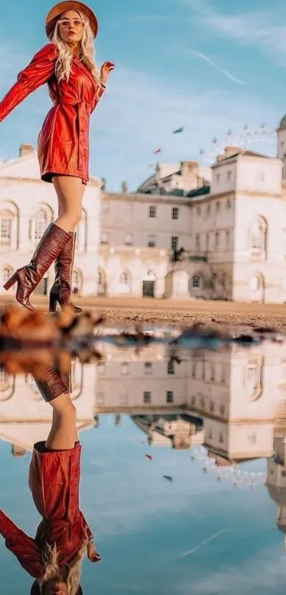 Stylish woman in red jacket reflects in water, urban setting.