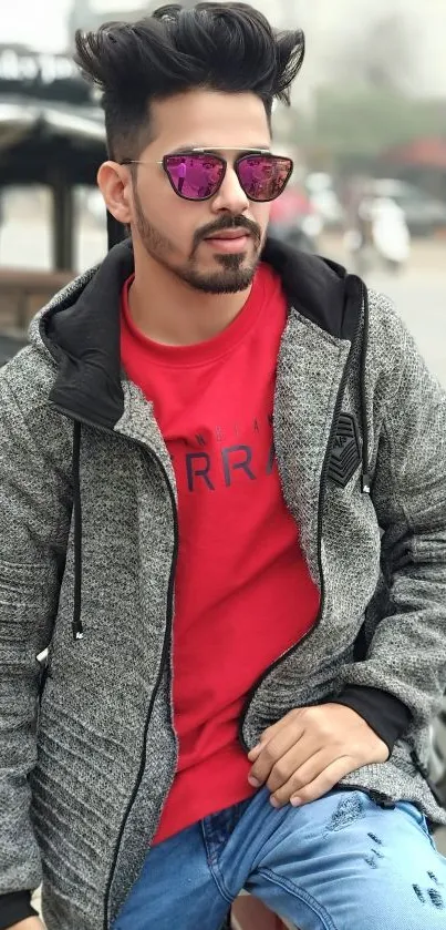 Man in urban fashion with red shirt and gray jacket sitting on a moped.