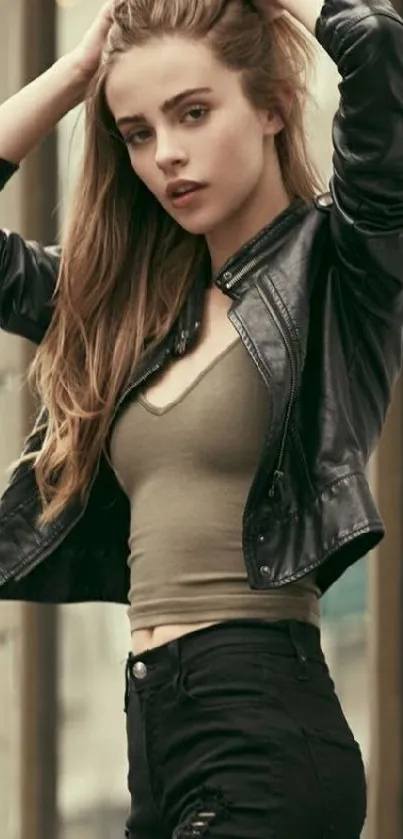 Fashionable woman in leather jacket wallpaper.