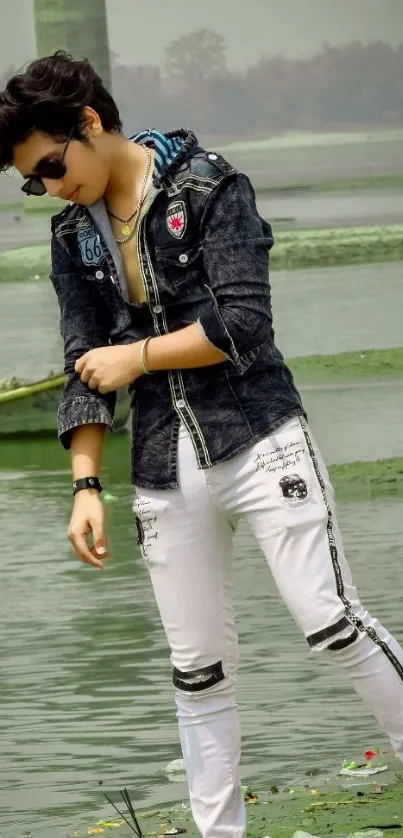 Fashionable figure by misty lake in denim jacket.