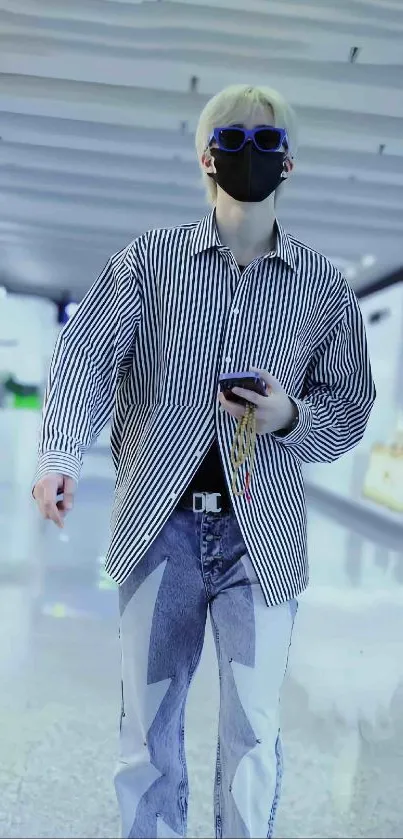 Stylish person in striped attire walking indoors.