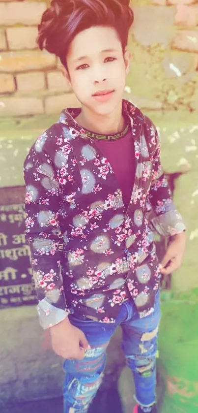 Young person posing in stylish urban fashion against a colorful brick wall.