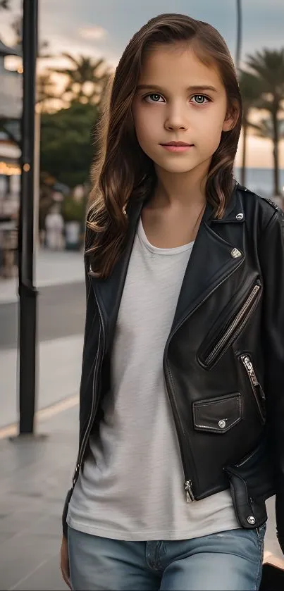 Young person in leather jacket with urban backdrop for mobile wallpaper.