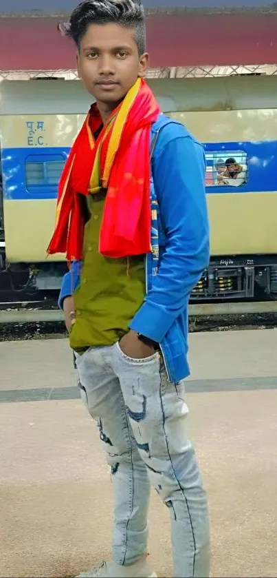 Young man in colorful attire by train station.