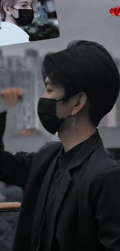 Masked person in black outfit with city backdrop.