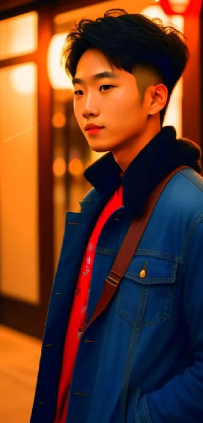 Stylish young individual in urban night setting with vibrant colors.