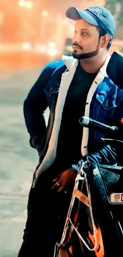 Man in dark blue jacket leaning on motorcycle at night.