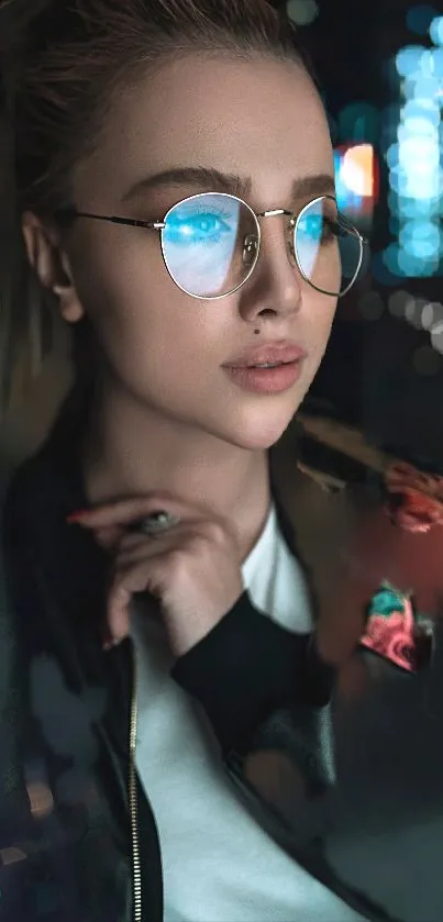 Stylish woman with glasses at night, reflecting city lights.