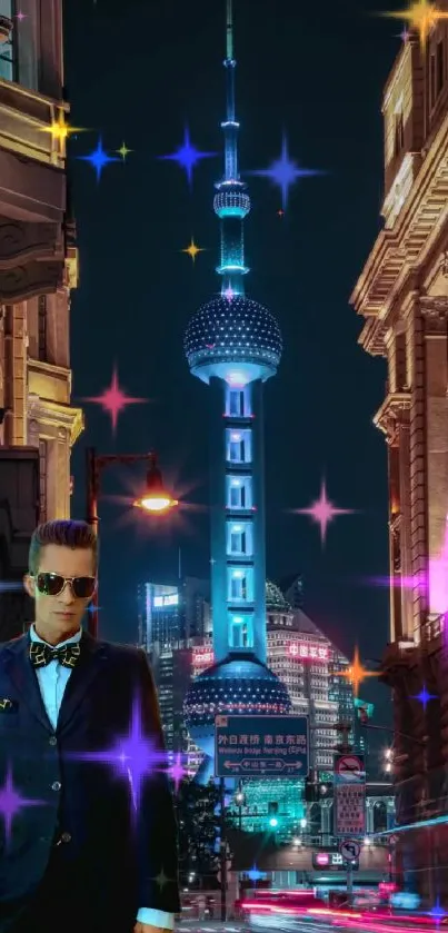 A stylish man in a suit with a vibrant night city backdrop.