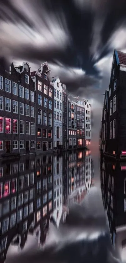 Urban nightscape with dramatic clouds and reflections, perfect for mobile wallpaper.