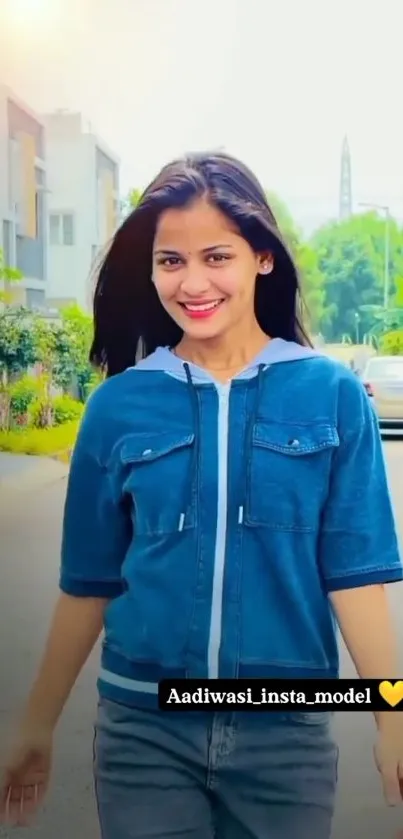 Woman in denim walking on street with lush greenery.