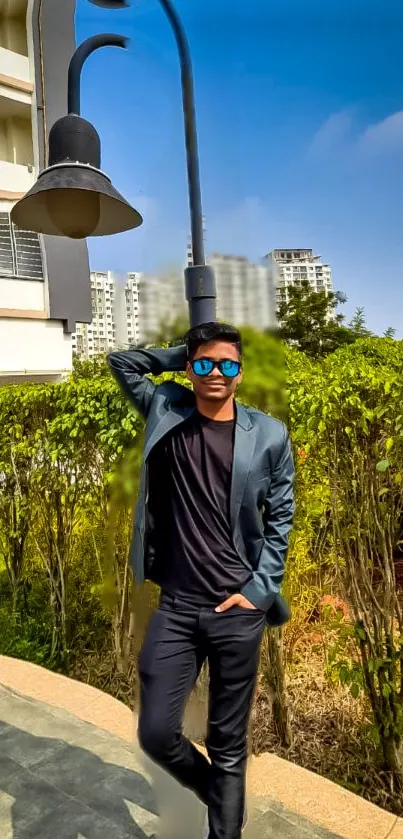 Young man standing outdoors in stylish attire with urban background.