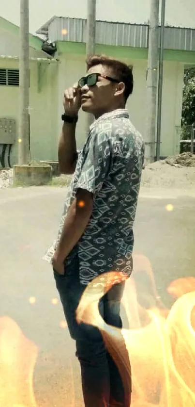 Man in sunglasses outdoors with an industrial backdrop.