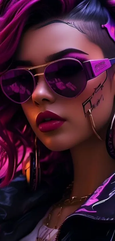 Stylish woman with purple hair and sunglasses in an urban setting.