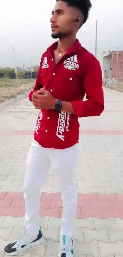 Urban fashion wallpaper with a red shirt.