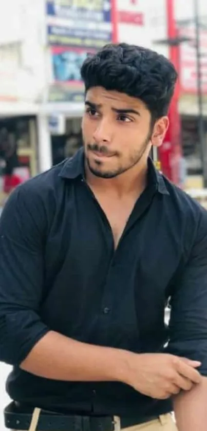 Portrait of a man in black shirt with urban city background.