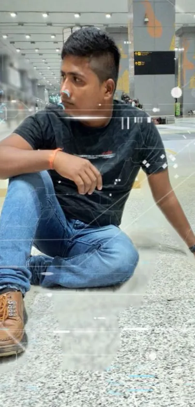 Modern urban portrait of seated young man on polished floor.