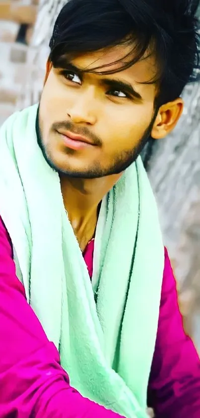 Young man in a pink shirt with a pastel green scarf in an urban setting.