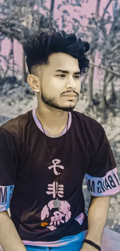 Young man sitting outdoors in stylish attire.