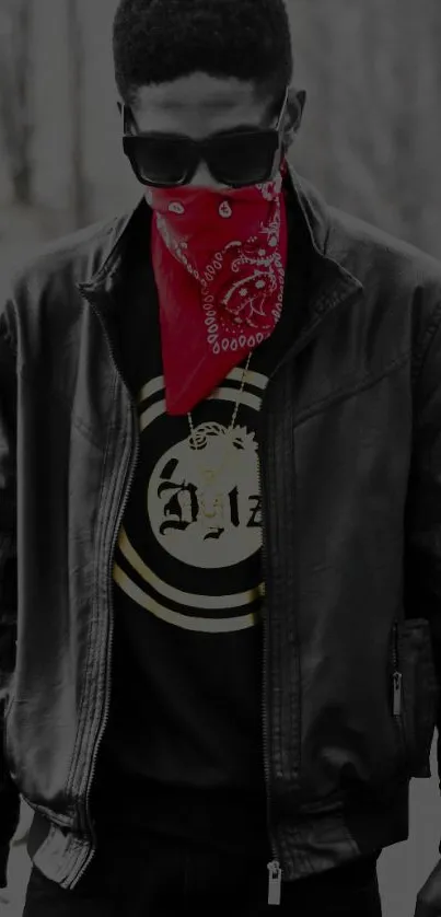Man in leather jacket with red bandana in urban setting.