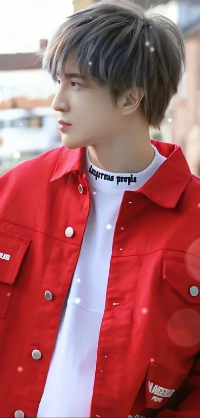 Person in red jacket standing against urban backdrop in stylish portrait.