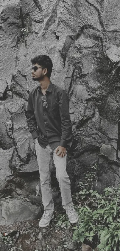 Young man posing against a rock wall in grayscale fashion.
