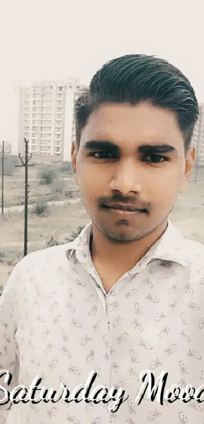 A young man showcasing a Saturday mood with buildings in the background.