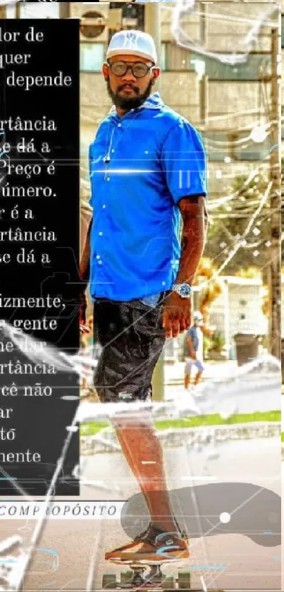 Man skateboarding in blue shirt with urban city backdrop.