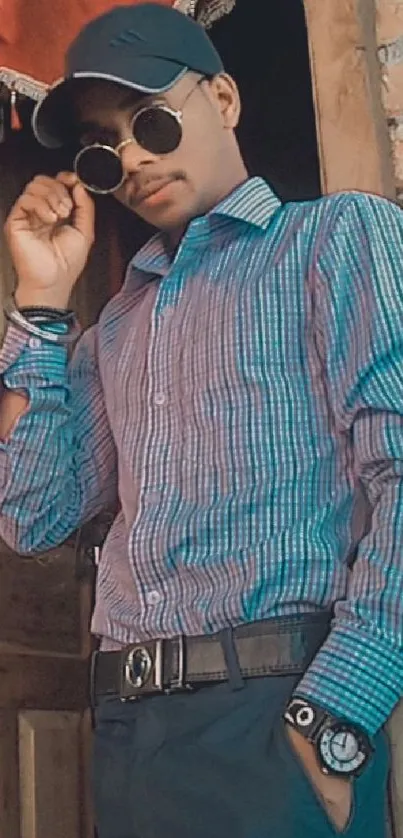 Man in checkered shirt and sunglasses poses stylishly against a rustic backdrop.