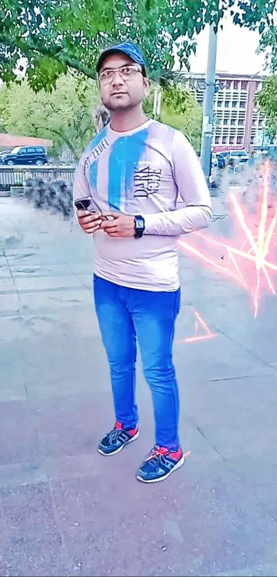 Man in urban street style with neon effects and a vibrant background.