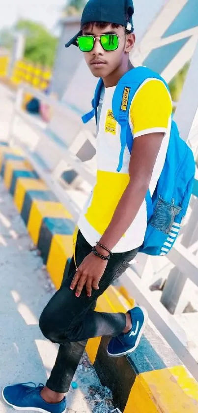 Stylish young man with colorful fashion on a city street.