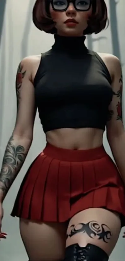Stylish character with tattoos and glasses in a chic urban outfit.