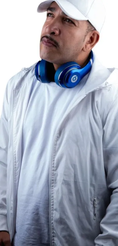 Man with blue headphones, wearing white jacket and cap, looking upwards.