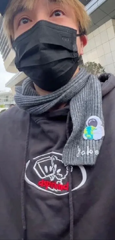 Person in streetwear with a scarf and black mask against a city background.