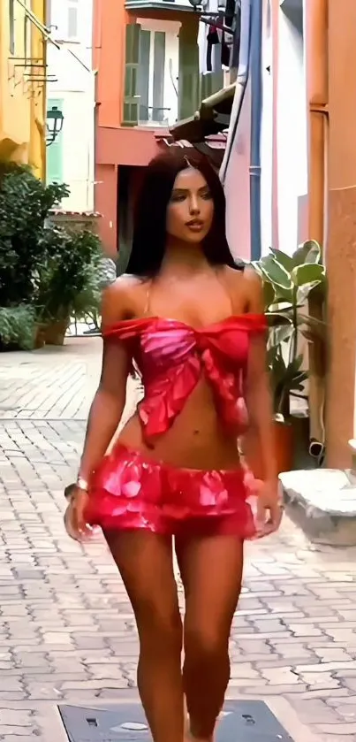 Woman in vibrant summer outfit in urban alley.