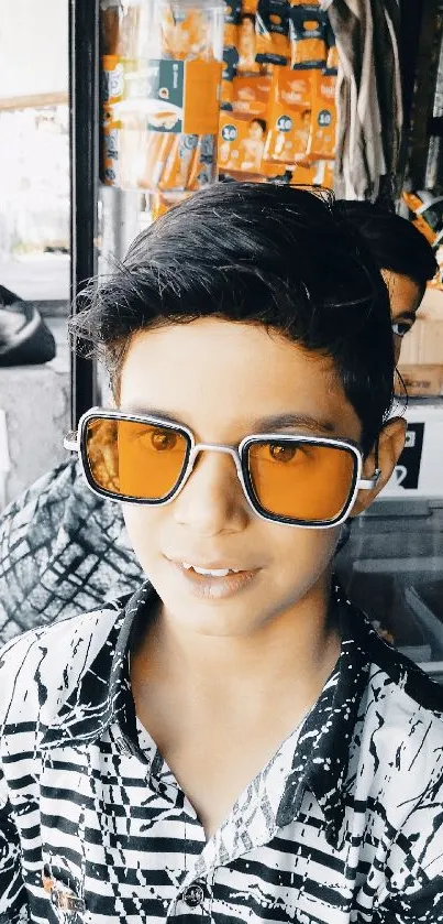 Boy in orange sunglasses at a market.