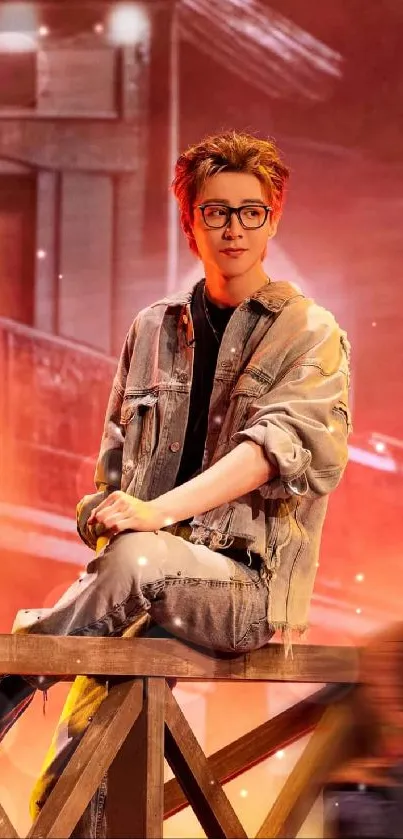 Person in stylish urban outfit sitting against a vibrant orange backdrop.