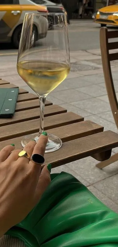 Hand on green dress beside wine glass.