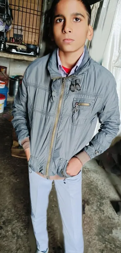 Stylish young individual in urban setting, wearing a gray jacket.