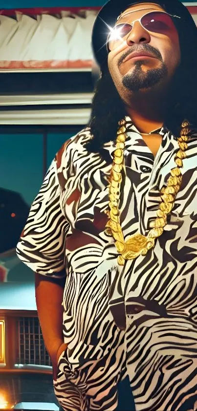 Man with zebra shirt and gold chain in urban setting, sunglasses gleaming.